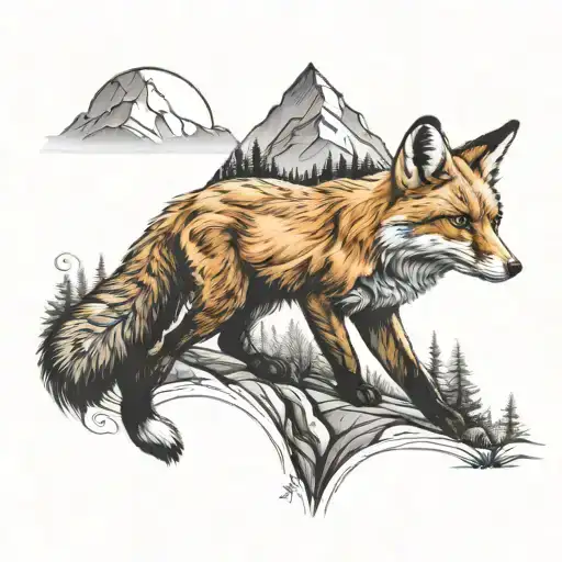 Fox Full Body With Mountains And Forest Looking Up From Ground