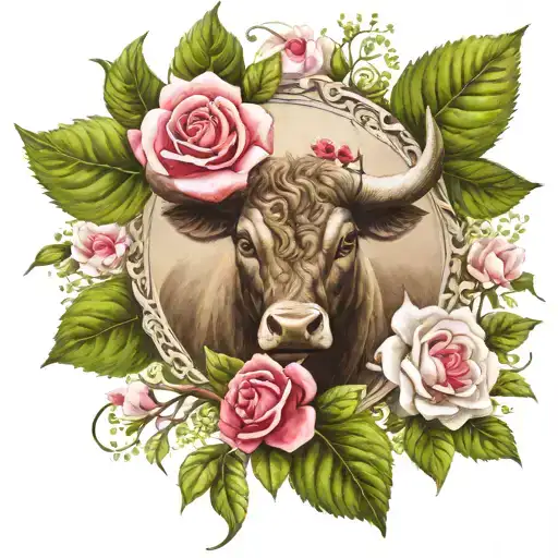 Taurus Symbol Surrounded By Hawthorn Flower And Roses