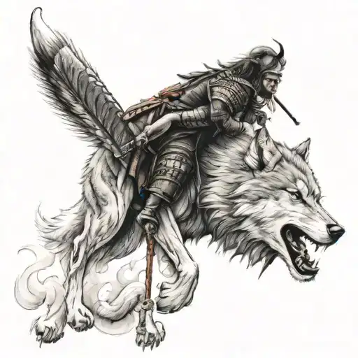 Realistic Wolf With Samurai Warrior