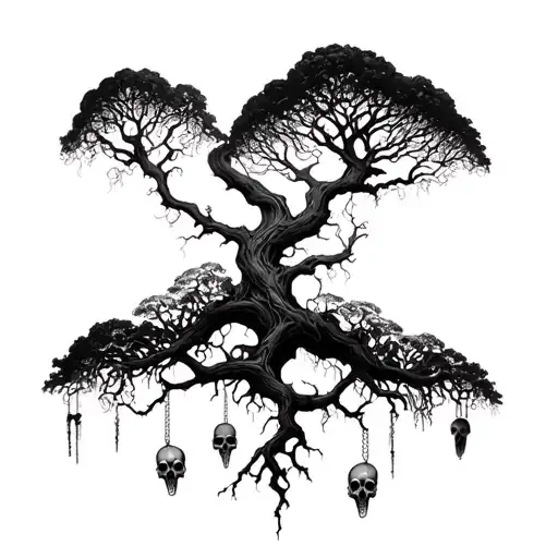 Posion Tree Relistic Black And White With Screaming Skulls Hanging From The Branches