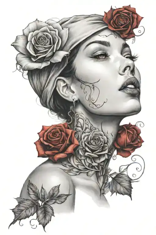 Realistic Woman Face With Red Rose At Neck Location