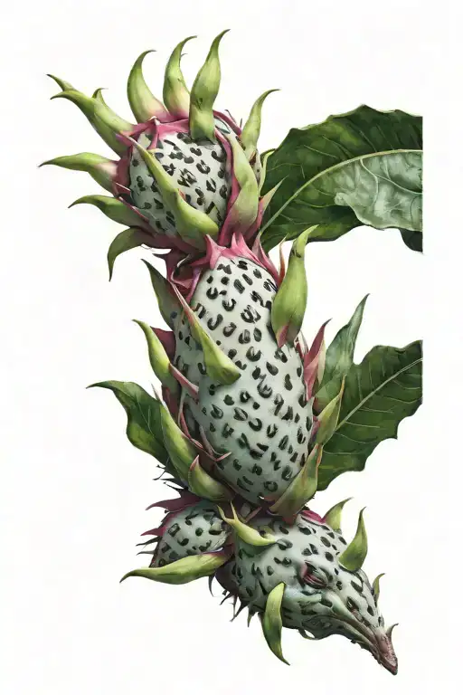 Dragonfruit Growing On Thick Vine With Dragon Head