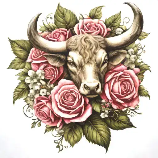 Bull Horns Surrounded By Hawthorn Flower And Roses