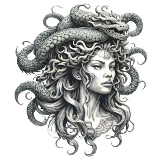 Beautiful Face Of Medusa With Chinese Dragon On Her Head