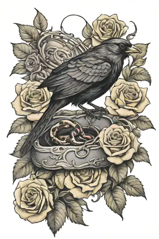 Blackbird On A Trench With A Snake And Roses Around It