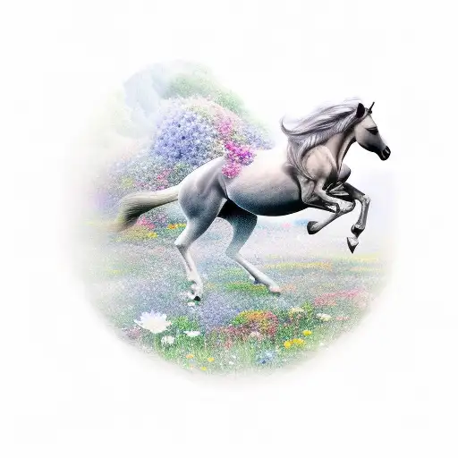 A Majestic Horse Galloping Through A Dreamy Field Of Flowers