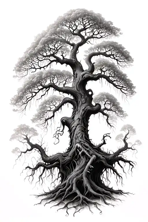 Posion Tree Relistic Black And White With Screaming Spirits