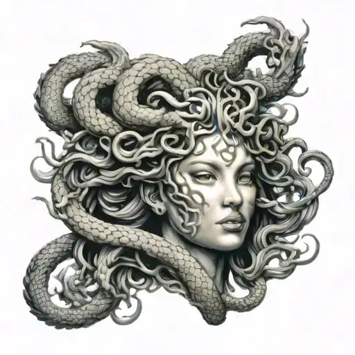 Beautiful Frontal Face Of Medusa With Chinese Dragon On Her Head