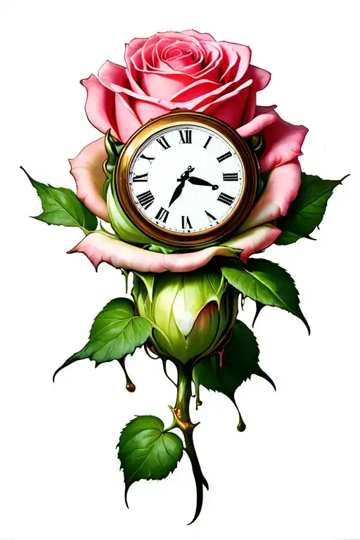 Clock Melting Down On Top Of Giant Rose Bud