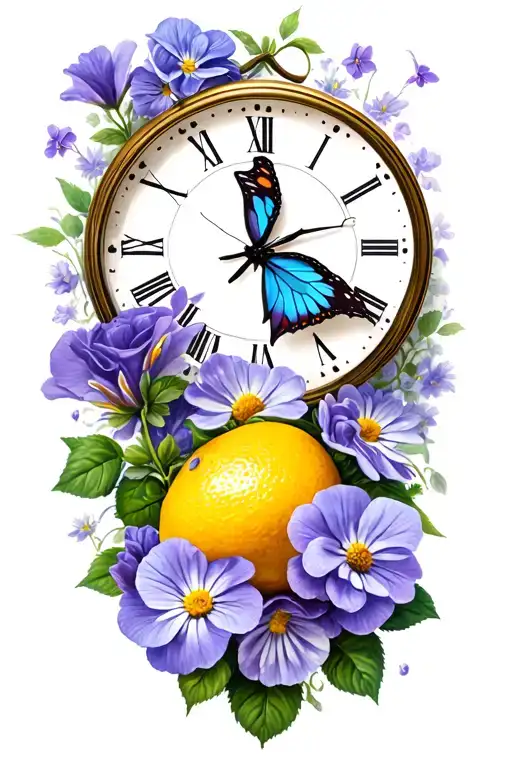 Rose And Violets And Daisies And Butterfly Resting And Lemons And Thunderstorm And Clock