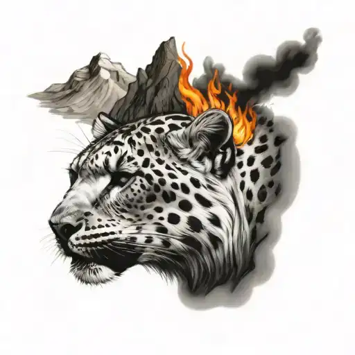 Snow Leopard With Mountains And Fire