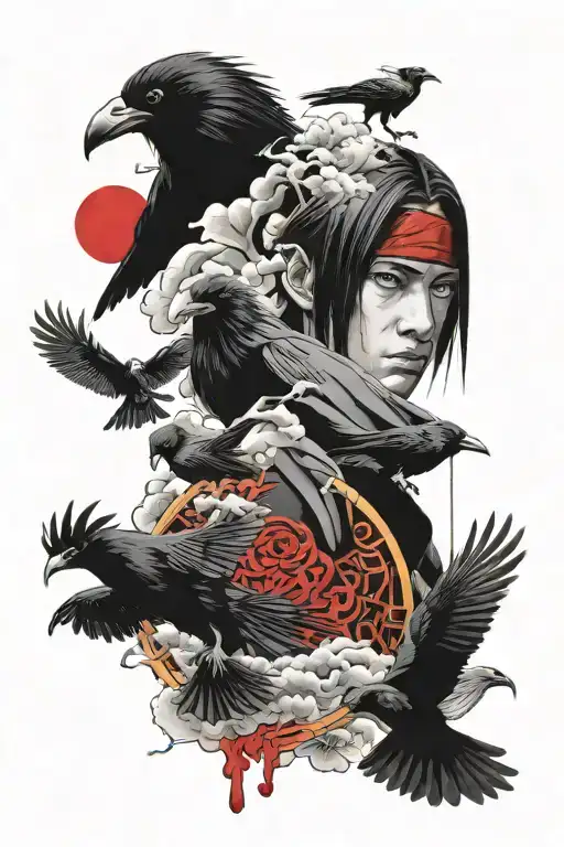 Uchiha Itachi Eyes Along With A Crow And Akatsuki Red Cloud