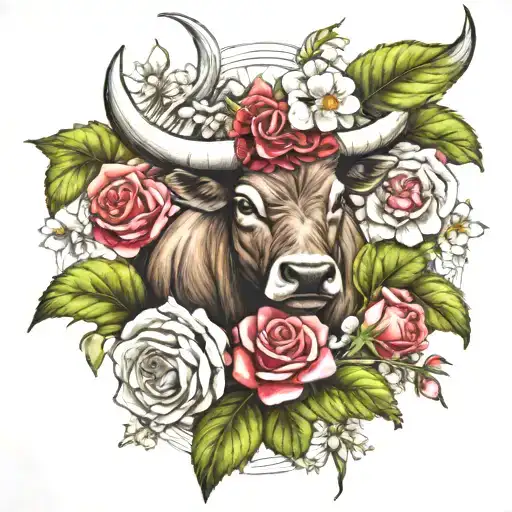 Taurus Symbol Surrounded By Hawthorn Flower And Roses