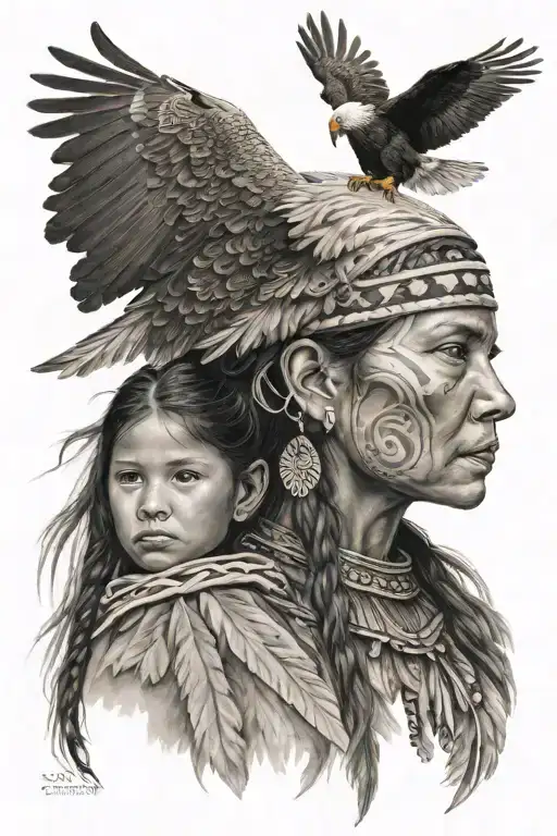 Cherokee Woman Child With An Eagle Spirit Guardian