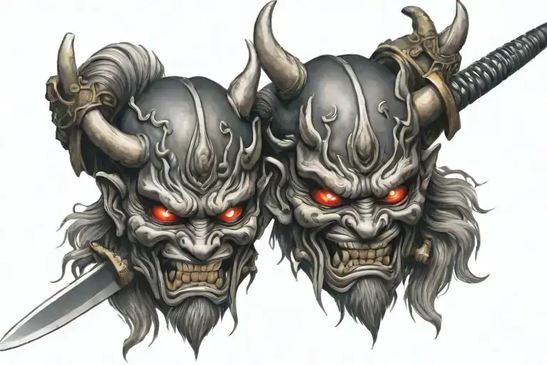 Japanese Oni Mask With Sword Covering Half Of Its Face
