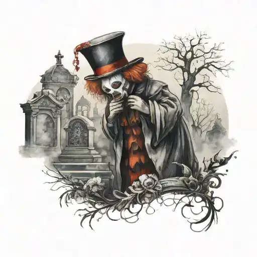 A Hauntingly Beautiful Scene Of A Clown Standing In A Misty Cemetery At Night
