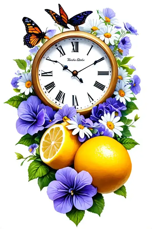 Rose And Violets And Daisies And Butterfly Resting And Lemons And Thunderstorm And Clock