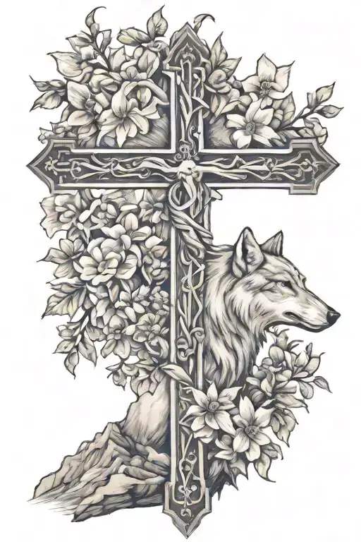 Christian Cross Jesus On A Mountain With Wolf's Head And Flowers Around