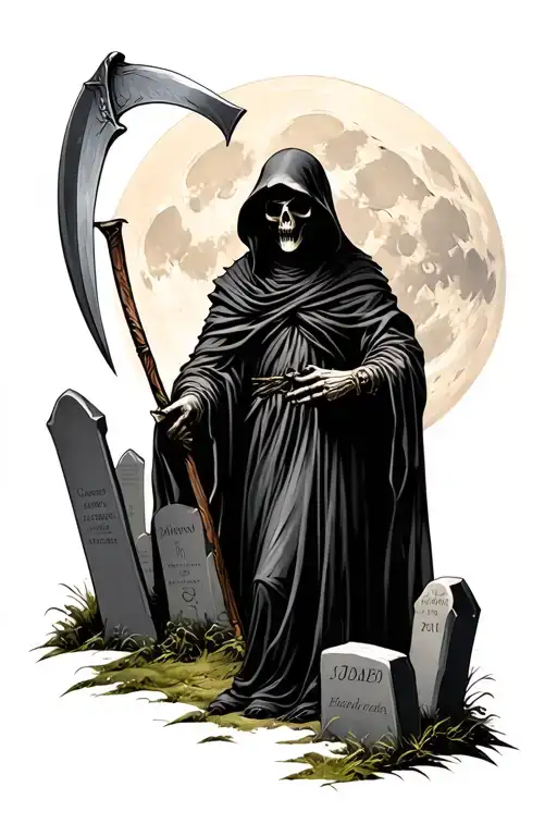 Grim Reaper With Scythe By Tombstones Under A Full Moon
