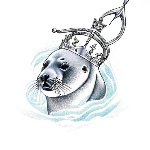 Sea Lion Holding A Trident With A Crown Floating Above Its Head