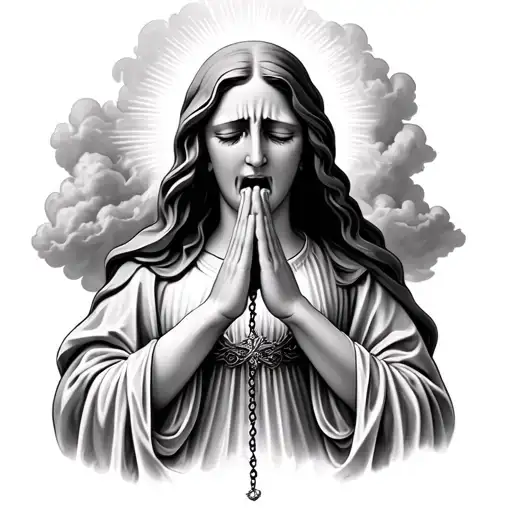 Virgin Crying With Her Hands Together Praying And Holding A Rosary And Around There Are Clouds