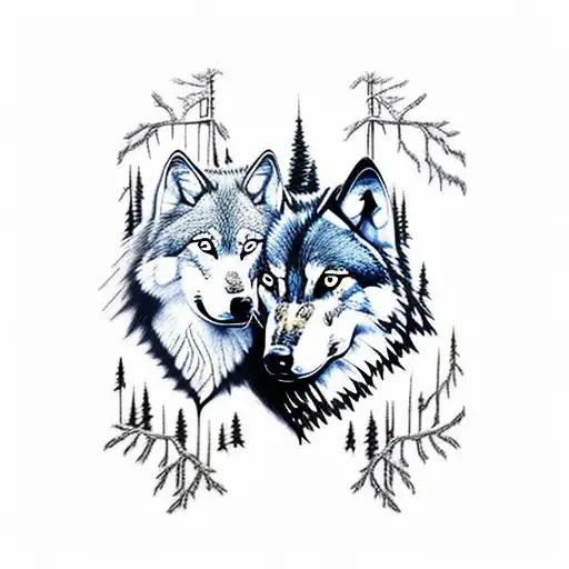 Wolf And Raven In The Woods