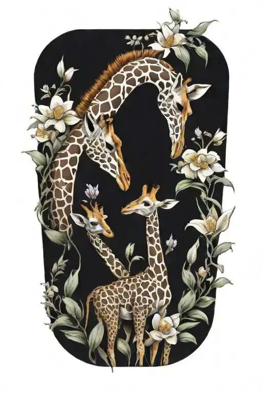 Mother And Baby Giraffe Surrounded By Flowers
