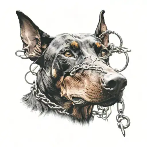 Doberman With Chains In The Background Of The Wire