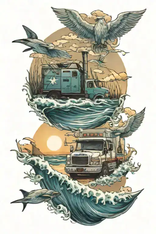 An Ocean Scene With A Paramedic Symbol And A Truck Driving Along The Shore At Sunset