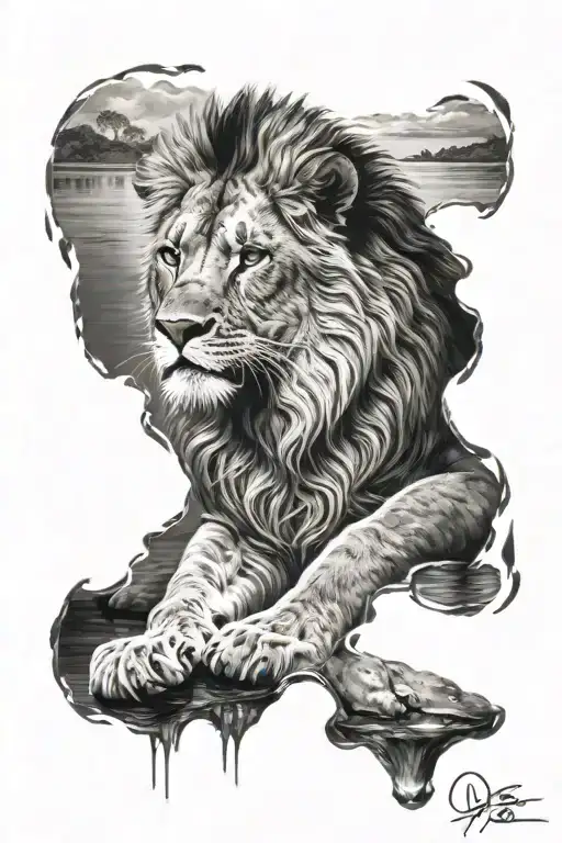 Little Lion Stay Before Water Mirroring Big Lion