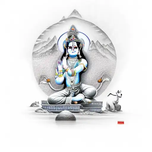 A Detailed Depiction Of Sri Krishna Lifting The Govardhan Hill With A Lotus In The Foreground