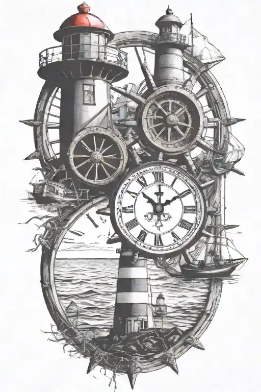 Clock Surrounded By A Ships Wheel With A Light House