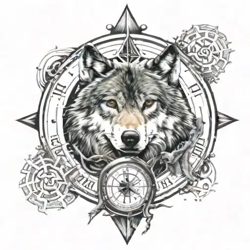 Wolf With Time And Compass Surrounded