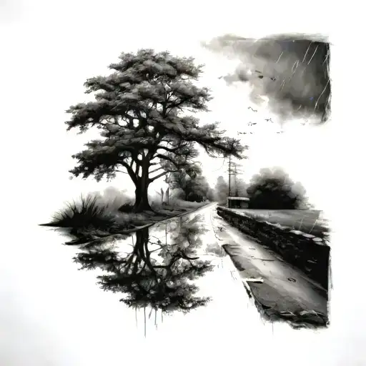 Tree And A Road While Raining