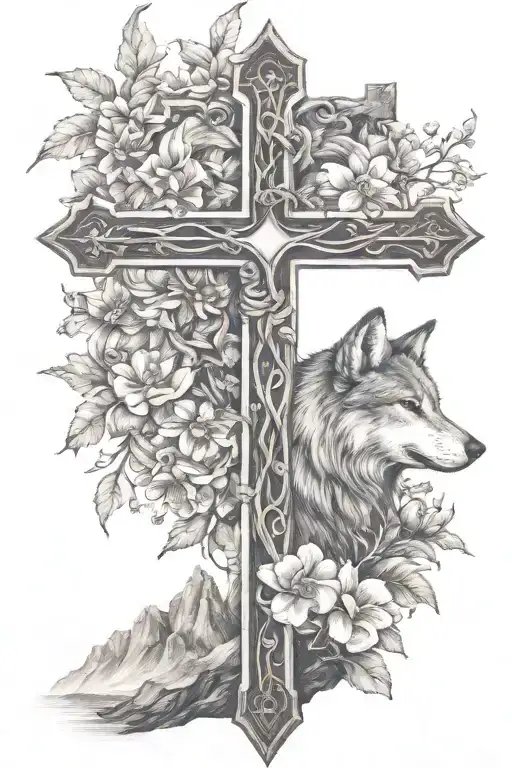 Christian Cross Jesus On A Mountain With A Cute Wolf's Head And A Few Flowers Around