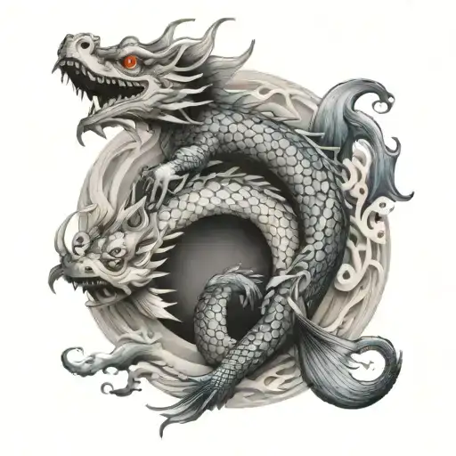 Dragon With Ying Yang Koi Fish
