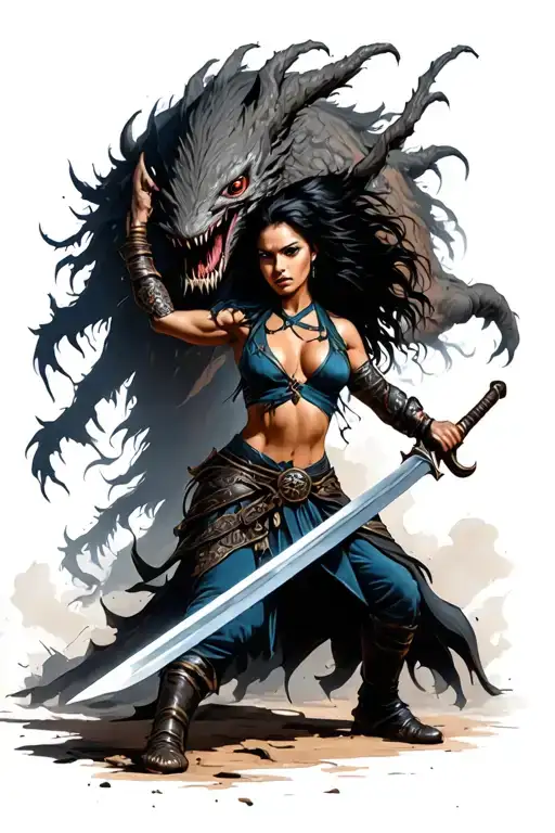 Black Warrior Woman Good With Steal Sword She Is Fighting A Monster