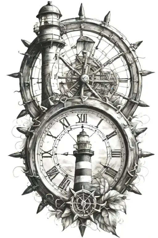 Clock Surrounded By A Ships Wheel With A Light House