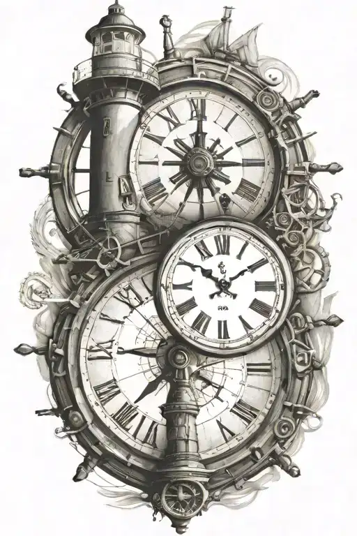 Clock Surrounded By A Ships Wheel With A Light House
