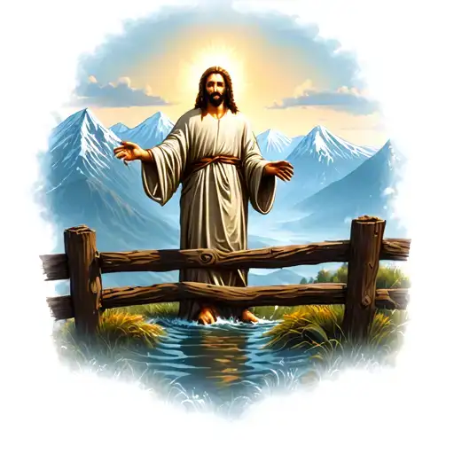 Jesus In The Moutains With Wooden Fence And Water