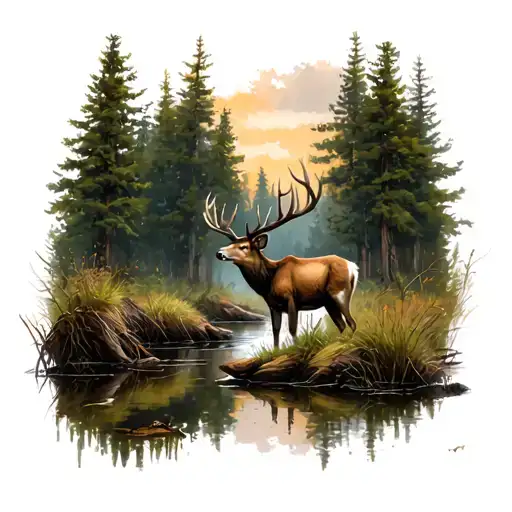 Hunting In The Woods With Big Buck Standing By Pond