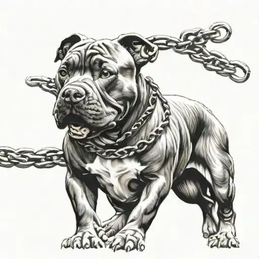 Pitbull With A Chain And A Wire In The Background