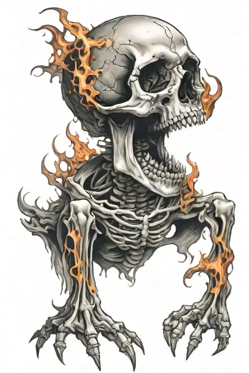 Open Mouth Skull On Knee With Flames Coming Out Of Mouth