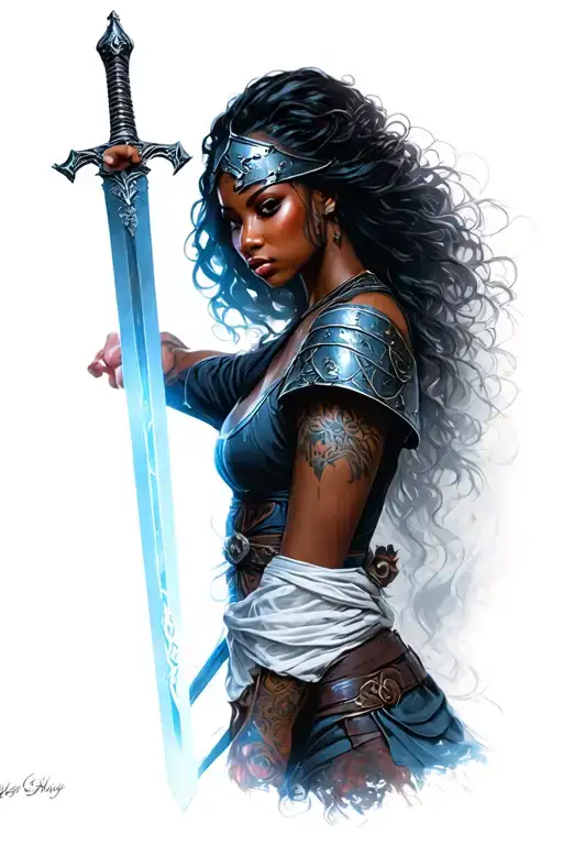 Black Woman Good With Steal Helmat Holding A Light Sword In One Hand