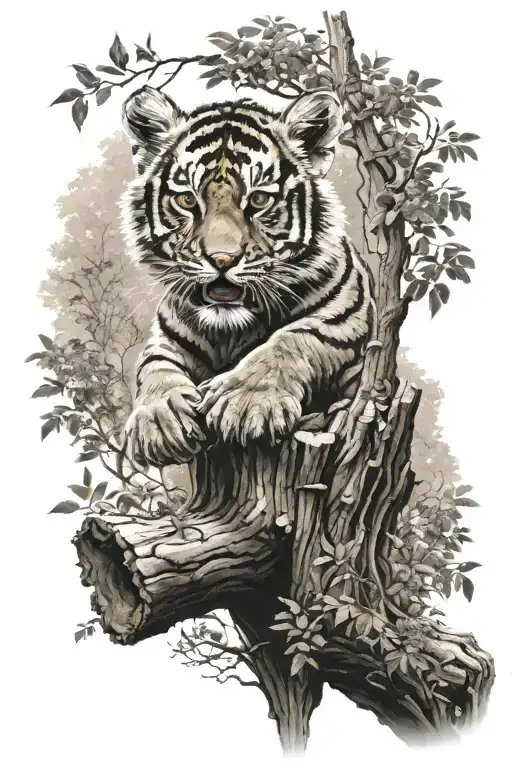 Baby Tiger In A Forest Jumping A Tree Trunk With The First Name Angel Written In The Tree