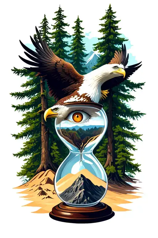 Eagle Eyes Behind Trees With Hour Glass With Sand And Mountain On Background