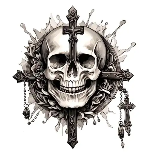 Skull With A Rosary Cross Surrounded