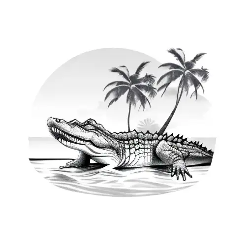 A Realistic Crocodile Swimming In A Tropical Paradise With Palm Trees And A Sunset In The Background