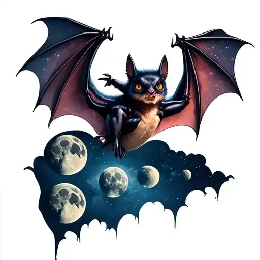 Bat With Spread Wings With Moon Phases
