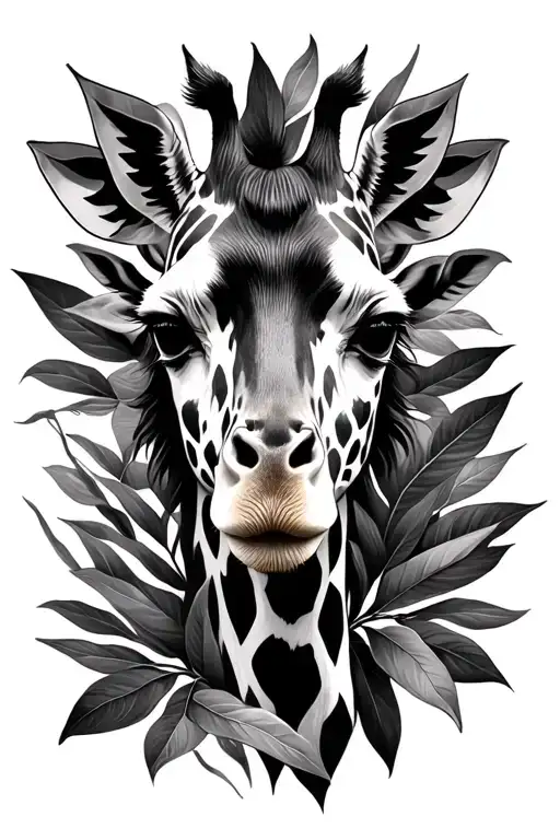 Black And White Giraff Face Surrounded By Leafs